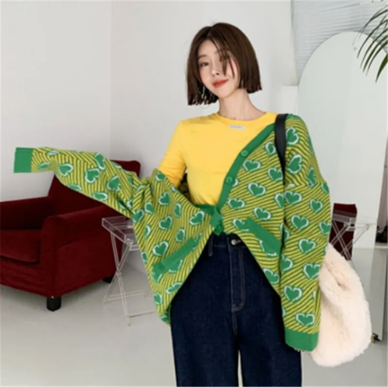 RUGOD Autumn Winter New Style Chic Love Pattern Plus Size Women V-neck Stripe Cardigan Fashion Kpop Clothes