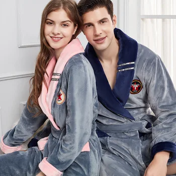 

Gray High-quality Couple Bathrobe Flannel Autumn Pajamas For Women Men Casual Pijamas Nightwear Lounge Sleepwear халат женский