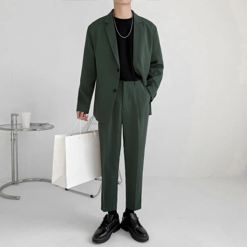 IEFB Men's Suit Two Pieces Set Simple Light Mature Loose Long Sleeve Suit Coat + Pants Green
