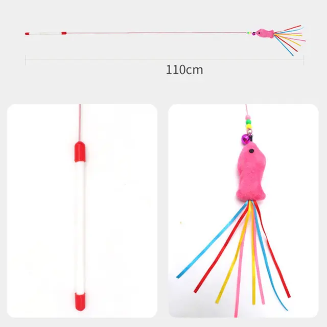Elastic Metal Boom Tease Cat Stick Funny Wand Toy + 3 Pcs Replaceable Plush Fake Fishes Interactive With Kitten Pets Make Fun 6