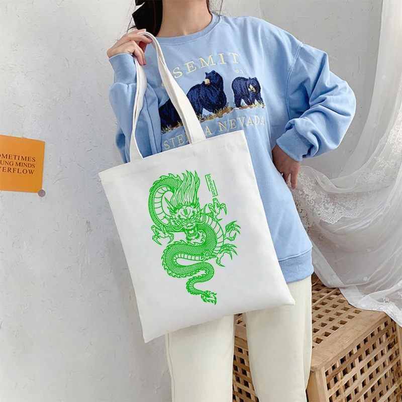 White Dragon Canvas Black Bag Shopper Bag Women Bags Classic Vintage Shoulder Handbag Teacher Supplies Gift