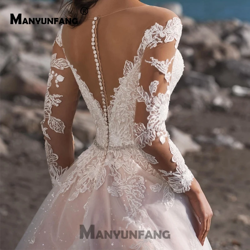 Vestidos De Boda с длинными рукавами, с блестками, тюль, Brautkleid, пояс с кристаллами, Простые Свадебные бутоньерки с прозрачной тюлевой спиной, свадебные платья