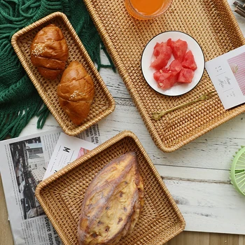 

3PCS Handmade Rattan Foods Bread Tray Organizer Platters Fruit Dessert Tray Eco-friendly Living Room Decoration DIY Tools