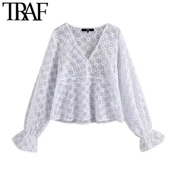 

TRAF Women Vintage Stylish Floral Embroidery Blouses Fashion V Neck Flare Sleeve See Through Sexy Shirts Blusas Mujer Chic Tops