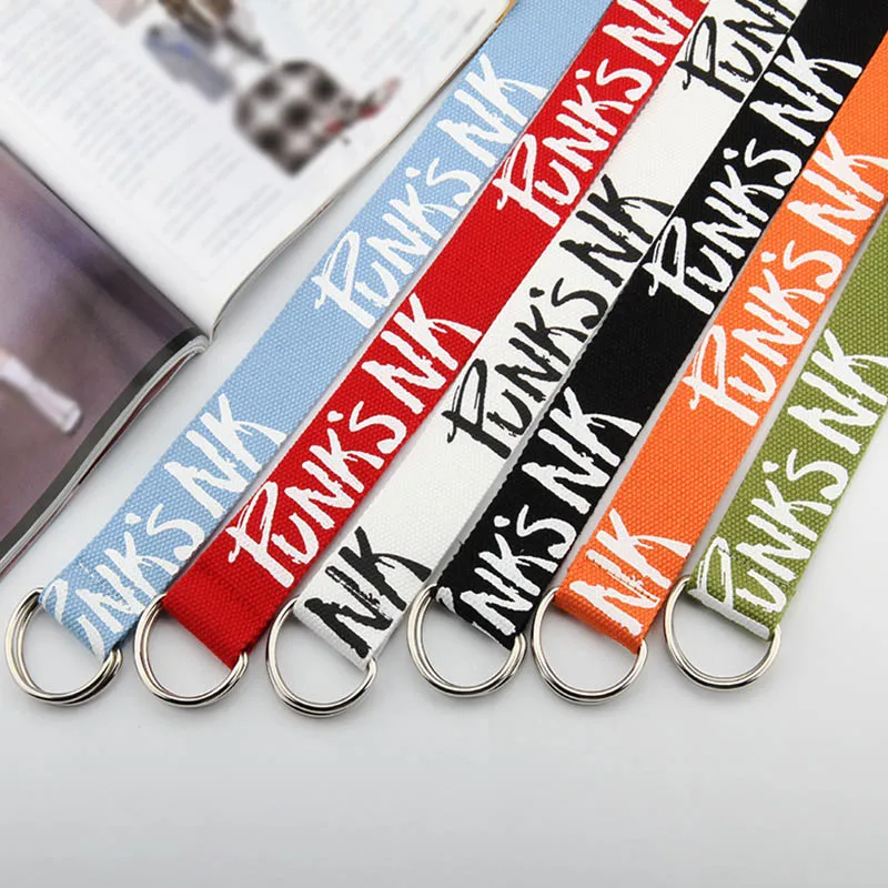 

Women Punk Harajuku Belt Letter Printed Men Women Double D Ring Canvas Waist Strap Student Jeans Trouser Black White Waistband