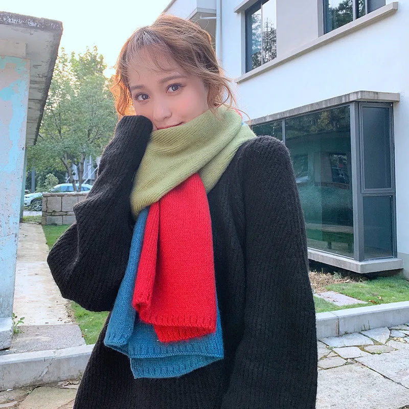 Korean Plaid Patchwork Female Scarves Rainbow Colorful Winter Knitted Scarf for Women