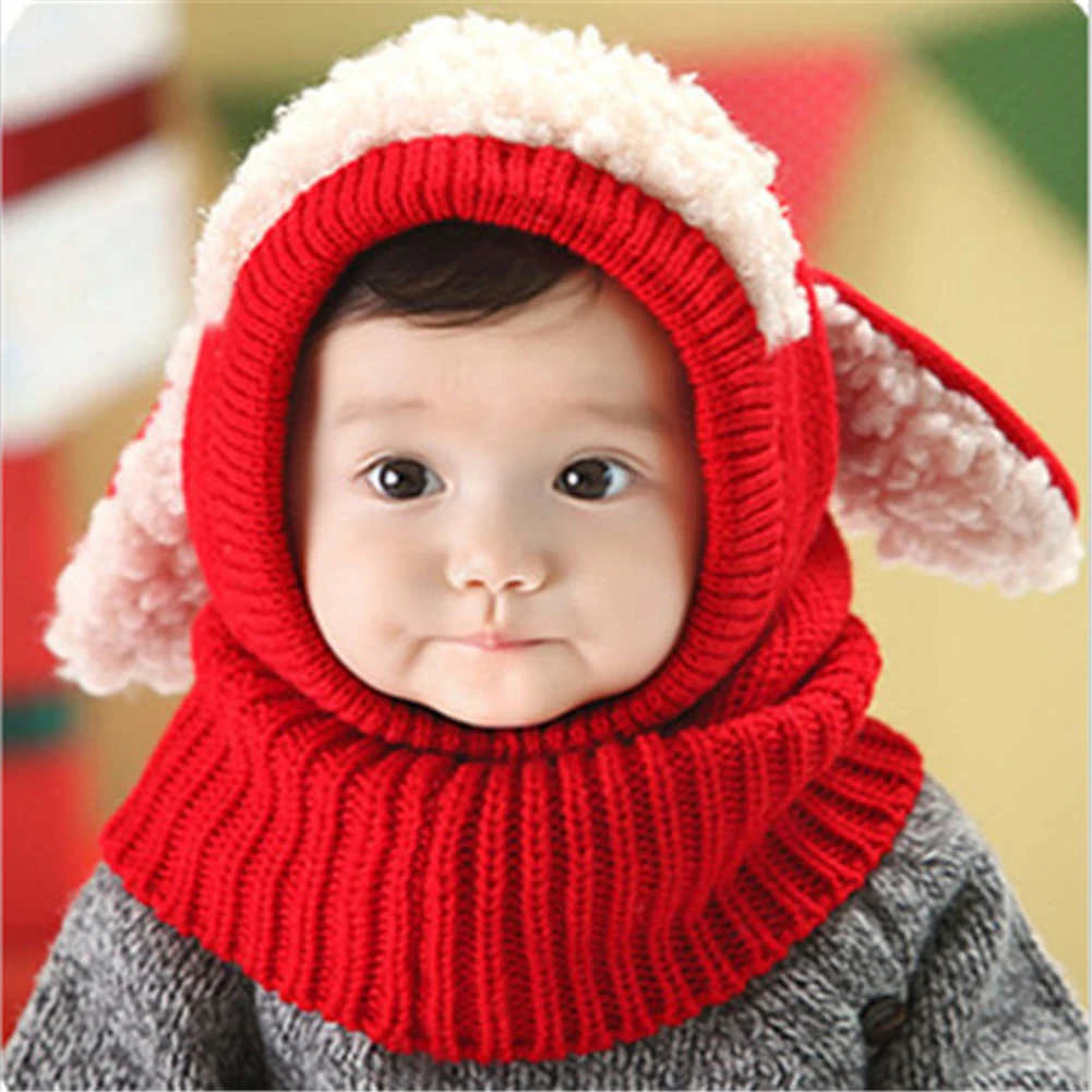 Модный теплый зимний трикотажный шарф с милыми собачьими ушками для маленьких мальчиков и девочек хлопковый утолщенный мех ягненка шапка с наушниками для детей