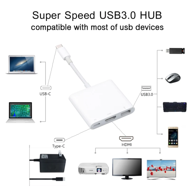 Kebidu USB 3,1 type C к HDMI USB 3,0 концентратор USB-C многопортовый адаптер донгл док-кабель для нового Macbook Pro белый