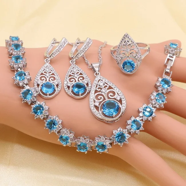 Стиль сладкий 925 серебро цвет женский ювелирный набор синий циркон серьги кольцо ожерелье кулон браслет - Окраска металла: bule 4PCS