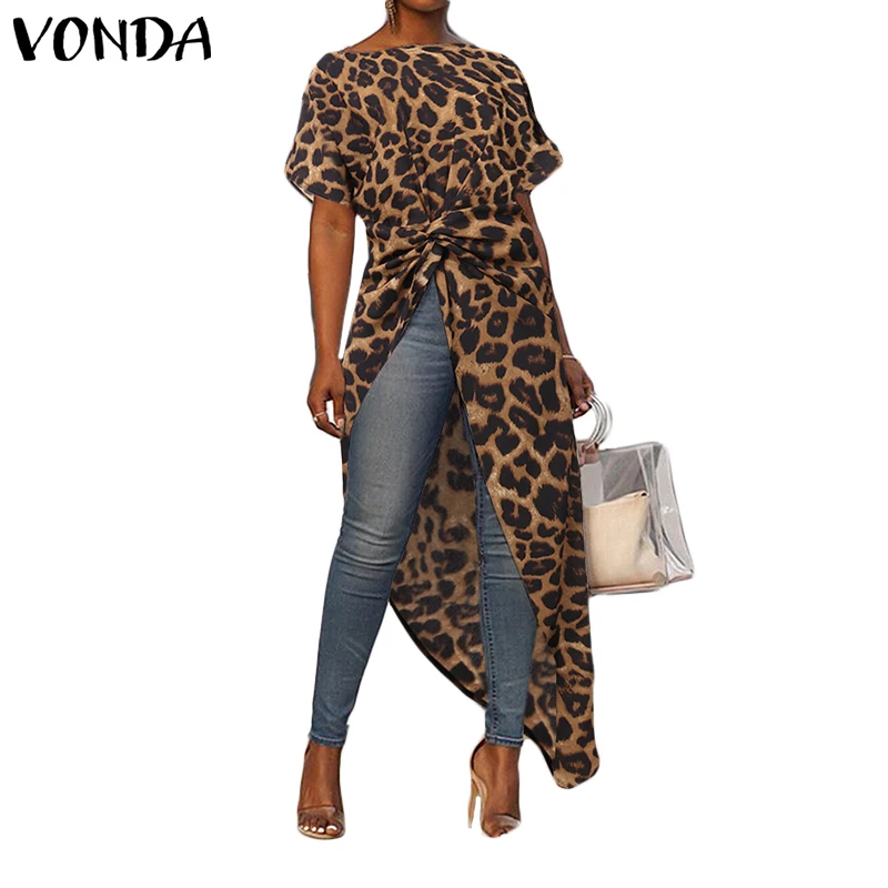 VONDA, Женская ассиметричная блузка, сексуальные, с разрезом, леопардовые вечерние топы, длинные, для девушек, офисные рубашки,, Летняя туника размера плюс, блузки - Цвет: Coffee