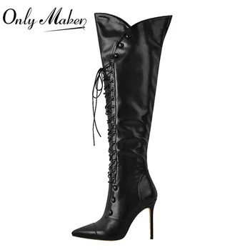 

Onlymaker Women's Over The Knee White Black Thin High Boots Pointed Toe Side Zip Lace Up Stiletto Stretch Big Size Lady Boots