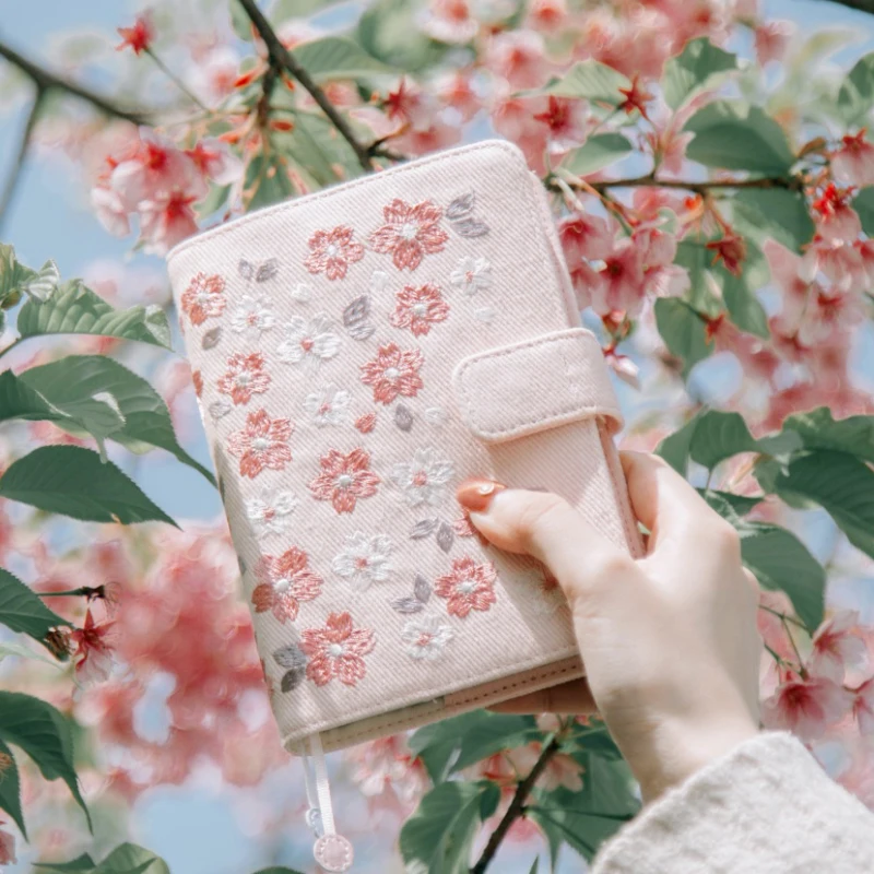 Kinbor A6/A5 Cherry Blossoms Embroidery Cloth Cover Monthly Planner Zipper Months Diary Notebook Personal Agenda Planner Flower