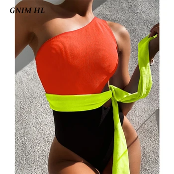 

GNIM One Piece Stitching Bikini Swimwear Women 2020 Sexy Hollow Out Bandage Swimsuit Push Up One Shoulder Bather Suit Women New