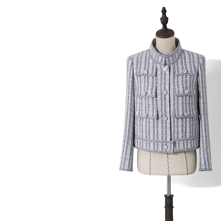 

Hot Fashion Women's Stand Collar Plaid tweed coat 2020 Spring Autumn brand new design high quality tweed jackets B690