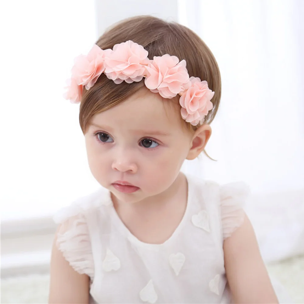 

Baby Flower Crown Headband Chiffon Flower Wreath Pink Ribbon Hair Bands Children Girls Handmade DIY Headwear Hair Accessories
