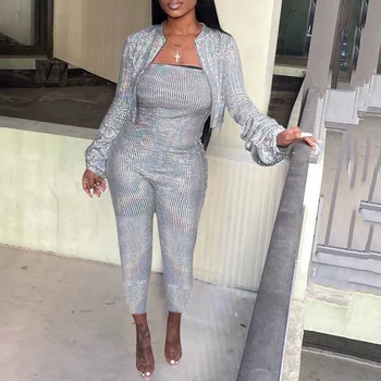 

Two Piece Women Sets Reflective Long Sleeve Short Coat Sleeveless Sexy Jumpsuit Fashion Office Party Club Suit Set Plus Size 2XL