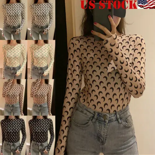 

2019 Women Transparent Lace Hollow Mesh Net T-Shirt Slim Long Sleeve Tee Tops Club