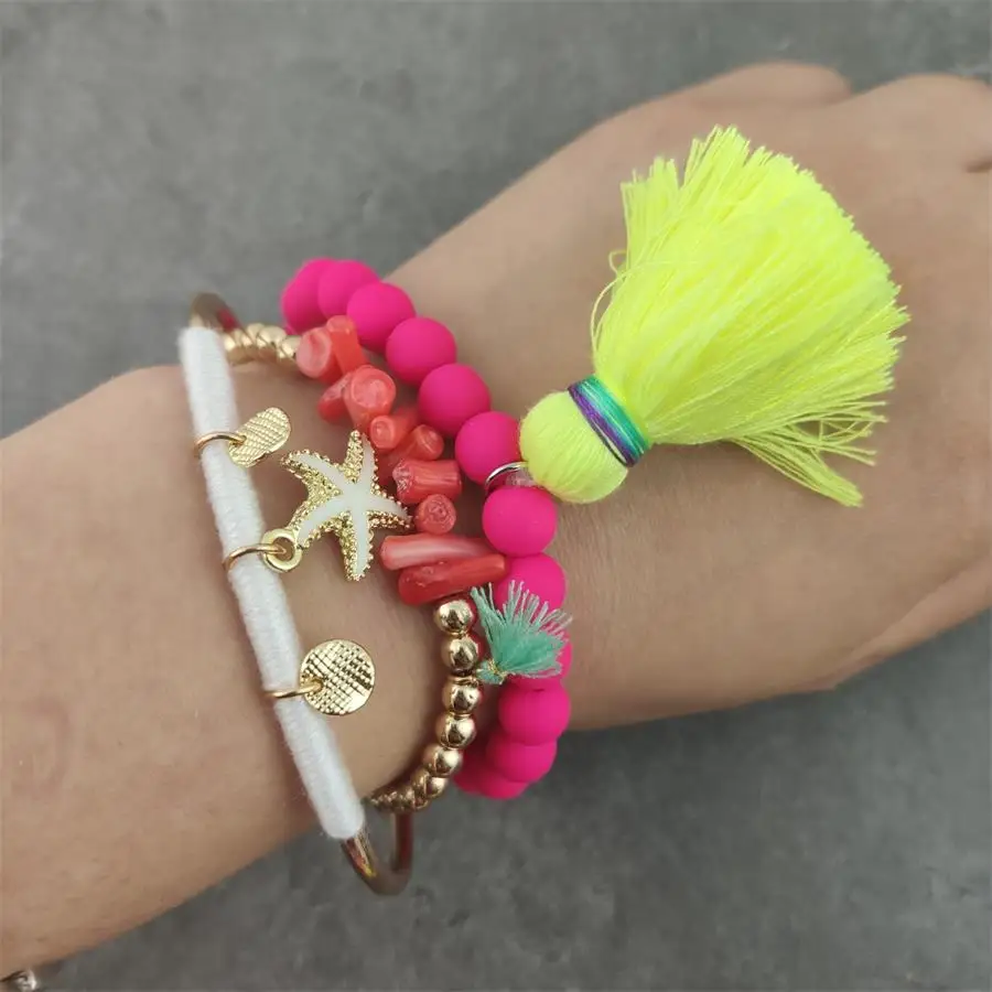 Rubber Plated Beads Elastic Bracelet With Tassel For Woman Summer
