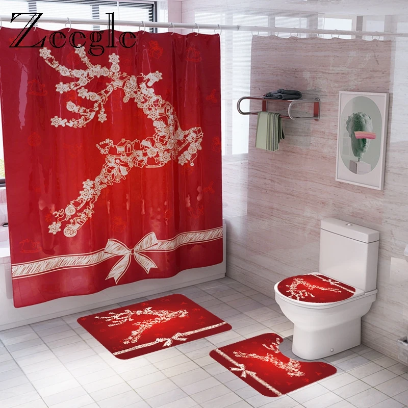 Zeegle Christmas Wapiti Bath Shower Curtain with Bathroom Mat Set Anti-slip Toilet Doormat Floor Rug Pedestal Rug Microfiber Mat