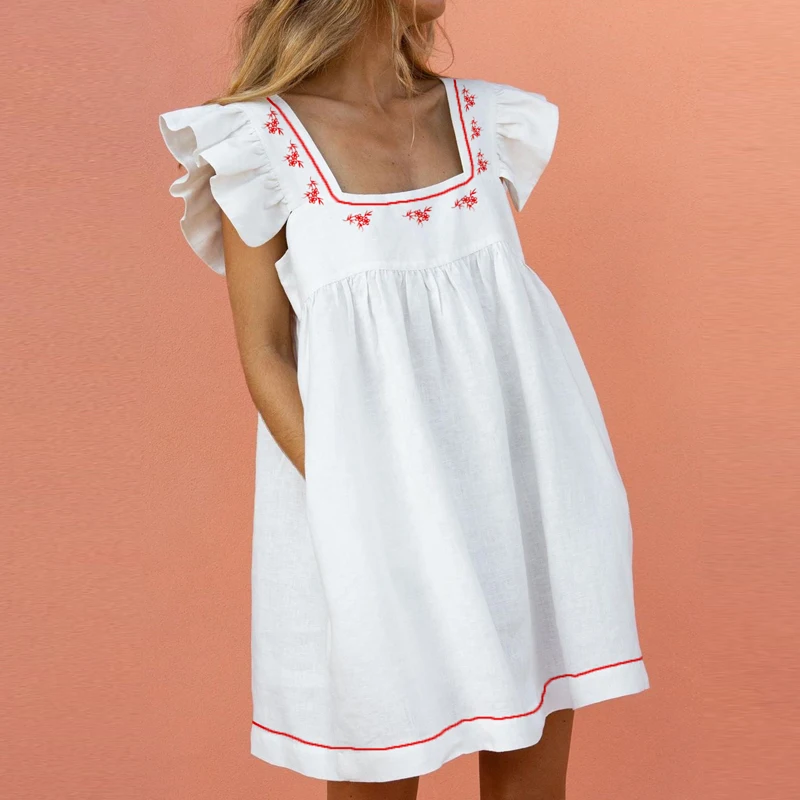 2022 New Women Sweet Dress Summer Elegant Square Collar Puffles Sleeve Solid Mini Dress Ladies Casual Loose Pocket Beach Dress long dress