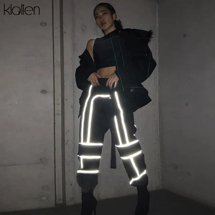 

KLALIEN 2019 New women fashion street Reflective patchwork cargo pants zipper wild Belt decoration pockets knitted trousers