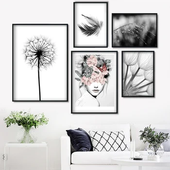 

Reed Dandelion Feather Girl Wall Art Canvas Painting Nordic Posters And Prints Black White Wall Pictures For Living Room Decor