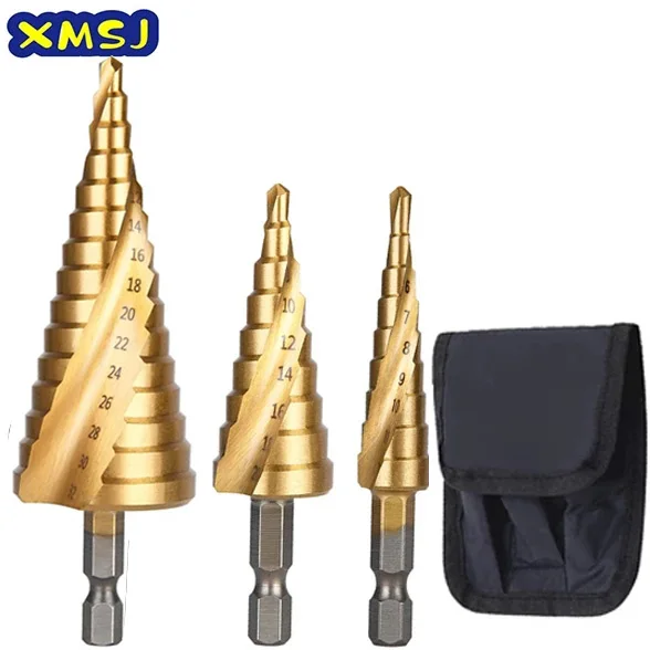 4 12/20/32mm Wood Step Drill Bit Set HSS Spiral Grooved Carbide Mini Drill Bit Accessories Titanium Cone Drills for Woodworking