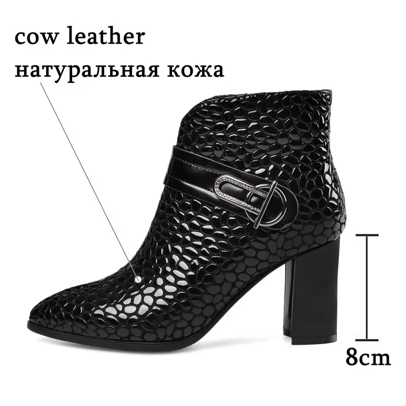 ALLBITEFO real genuine leather Belt buckle women boots pointed toe high heel ankle boots fashion girls boots Autumn Winter