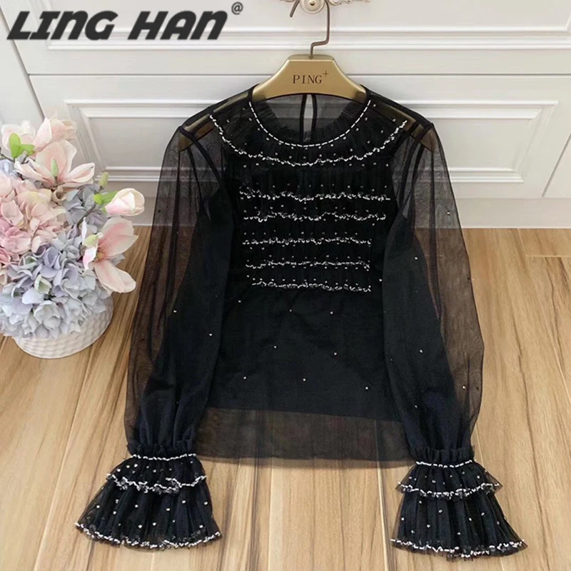 

LING HAN Designer Sexy Black Mesh Blouse Street Women luxury Beading Sequin Flare Sleeve Fashion Top Blouse Outwear Female
