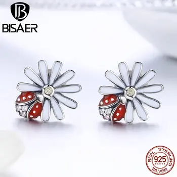 

BISAER Stud Earrings for Women 925 Sterling Silver Red Enamel Ladybuy on Daisy Flower Stud Earrings Argent Bijoux Brincos GXE459