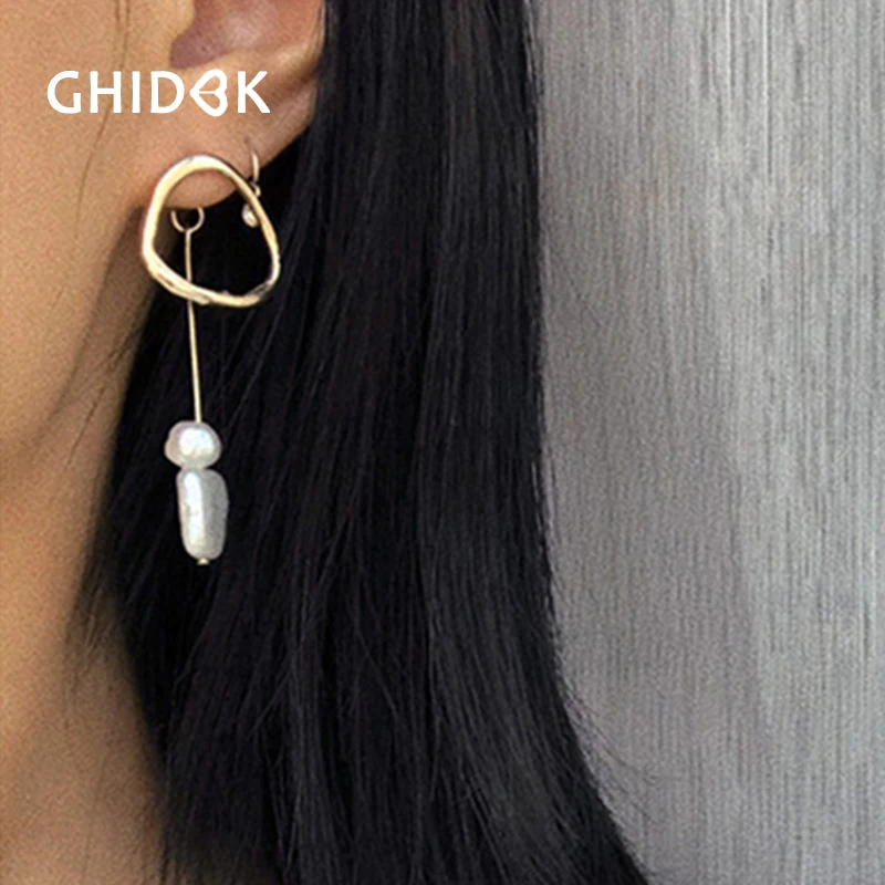 

GHIDBK Baroque Natural Freshwater Pearls Drop Earrings for Women Geometric Circle Earrings Hanging Ear Jeckets Earrings Brincos
