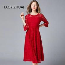 TAOYIZHUAI/осеннее Новое поступление, длинное кружевное платье в винтажном стиле красного цвета, большие размеры, приталенное платье с завышенной талией и расклешенное платье до колена, 16210