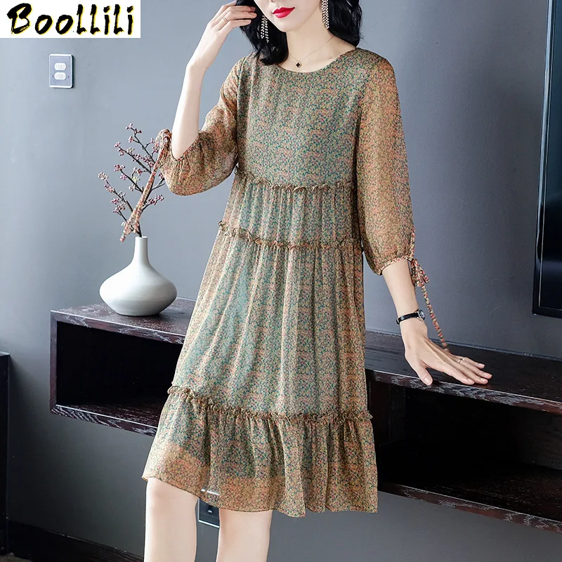 

Boollili 2020 Spring Summer Silk Dress Women Beach Floral A Line 100% Real Silk Dresses for Women Boho Vestidos