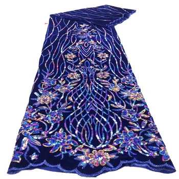 

2020 high quality French Nigerian sequins net lace,African tulle mesh sequence lace fabric for party dress 5yards/lot royal blue