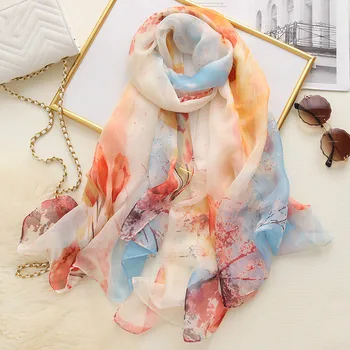 

2020 Korean new spring warm long printed women's scarf,summer simulation silk sunscreen holiday super shawl scarf dual purpose