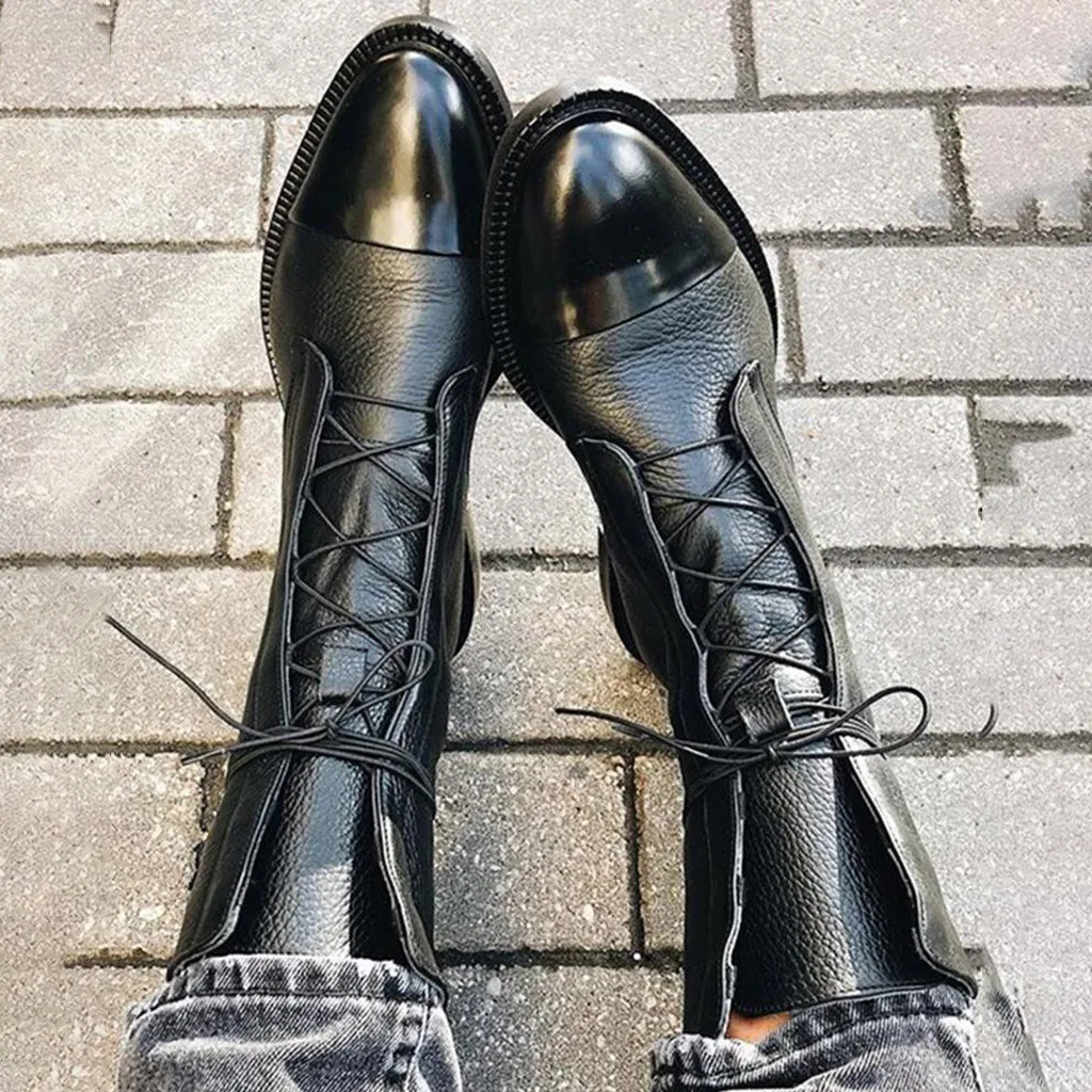 JAYCOSIN Для женщин ботинки на высоком каблуке сапоги до колена Bling, на шнуровке, черного цвета женские зима-осень Повседневная обувь; обувь с мехом из натуральной из искусственной кожи до середины икры
