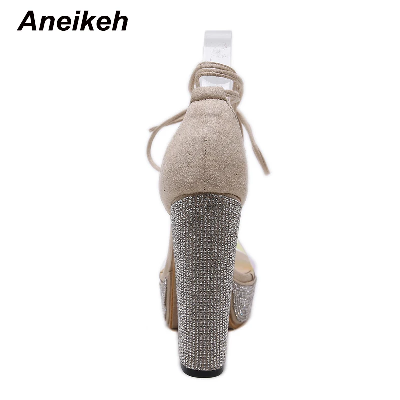 Aneikeh/Женская обувь; босоножки из ПВХ на платформе с высоким каблуком и открытым носком; стразы; летняя обувь для вечеринки и свадьбы; сандалии на шнуровке с перекрестными ремешками
