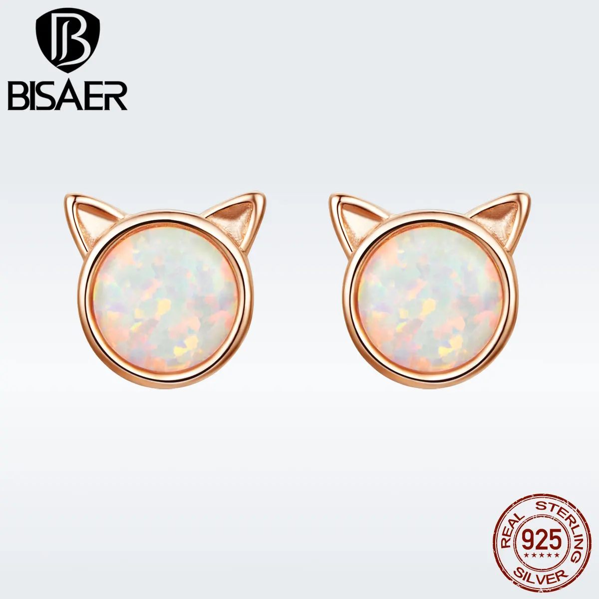 BISAER, 925 пробы, серебряные, минималистичные, белый опал, камень, милый кот, серьги-гвоздики, Ушная Шпилька, модные ювелирные изделия, ювелирные изделия, GXE538
