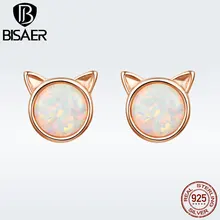BISAER, 925 пробы, серебряные, минималистичные, белый опал, камень, милый кот, серьги-гвоздики, Ушная Шпилька, модные ювелирные изделия, ювелирные изделия, GXE538