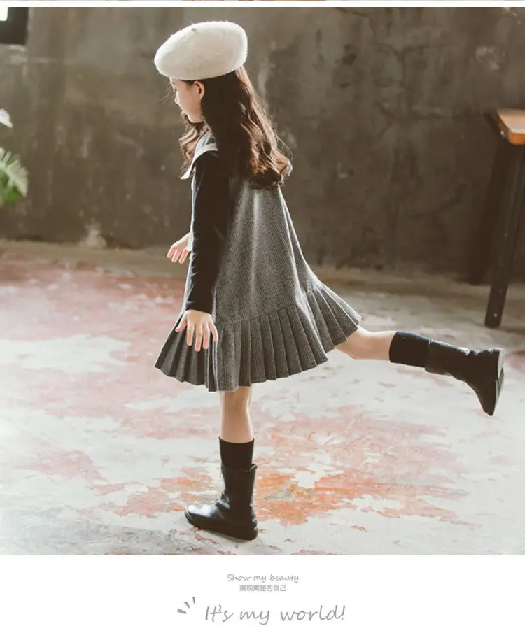 Детское модное вязаное платье цвета хаки с воротником «Питер Пэн» для девочек, шерстяное платье с длинными рукавами весенне-осенняя одежда для маленьких девочек, От 4 до 13 лет