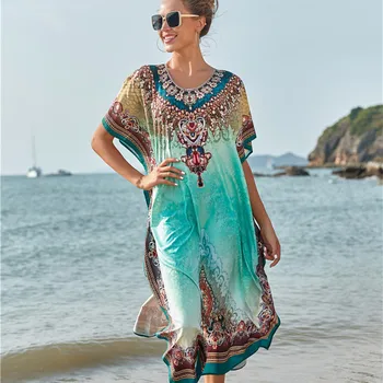 

Woman Beach Dresses 2020 Swimsuits Sports Wear Cover-Ups New Drying Polyester Print Loose Robe Sun Proof Shirt Bikini Cover