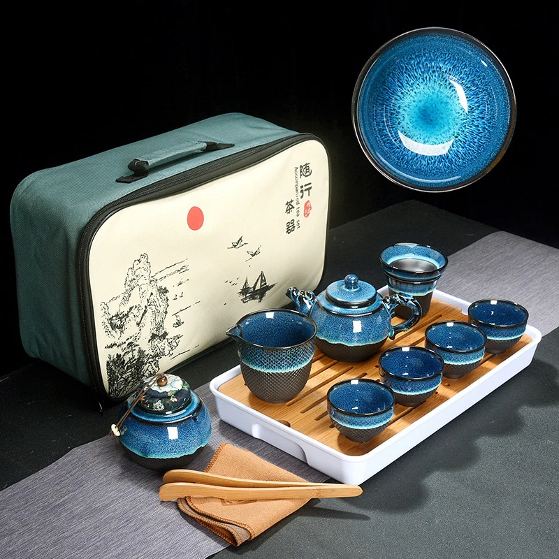 Китайский чайный набор из синей янтарной глазури керамический Jingdezhen temmoku глазурь