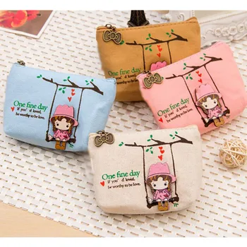 

Mini Cute Girls Coin Bag Lovely The Swing Girl Pattern Canvas Coin Holder Purse Small Zipper Wallet Card Purse Zipper Key Money