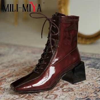 

MILI-MIYA New Design Women Cow Leather Ankle Boots Lace-Up Fashion Square Toe Square Heels Motorcycle Boots Plus Size 34-41