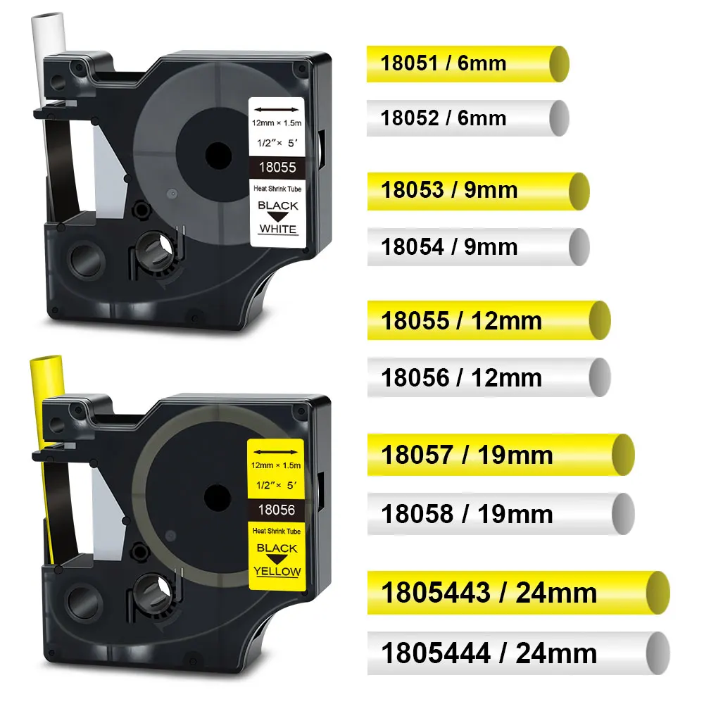 vhbw Cartridge Cartridge voor Dymo Rhino 6000, 5200, 4200, labelprinter, zwart op wit, krimpkouscassette 6 mm, 10 stuks