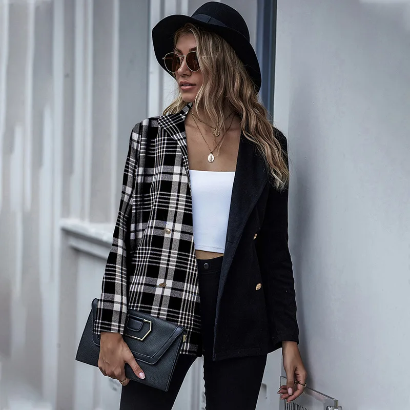 Woman blazer 2020designer turn-down collar coat women coat suit fashion patchwork plaid tweed blazer casual ladies blazer jacket