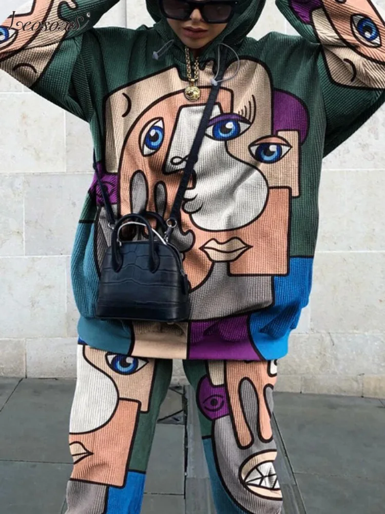 

2 Piece Set Women Tracksuit New Fun Printing Design Thin Sweatshirt Pants Suit Autumn Tops Loose Casual Girls Plus Size 3XL