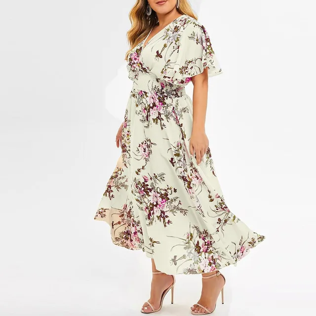Fashion Women S Plus Size Floral Printed Maxi Dress V Neck Bohemian Short Sleeve Streetwear Loose