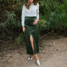 Модная Вельветовая юбка для девочек; сезон осень-зима; винтажная Женская длинная юбка в стиле Харадзюку с разрезом; коллекция года; повседневные юбки с высокой талией и карманами; D30