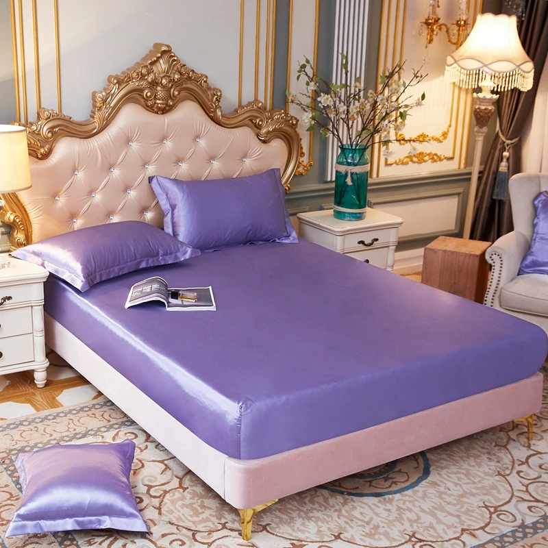 Luxury Satin Silk Fitted Sheet high end Solid Color Mattress Cover Elastic Band Bed Sheet